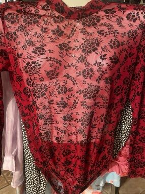 Women’s Red Floral Sheer Long-Sleeve bodysuit Top